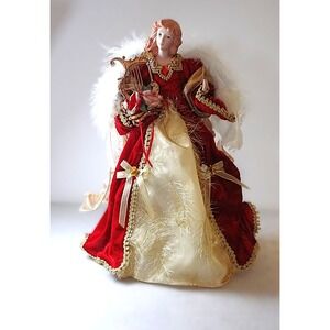 Angel‎ Christmas Tree Topper Red Velvet Gown Harp Feather Wings Free Shipping